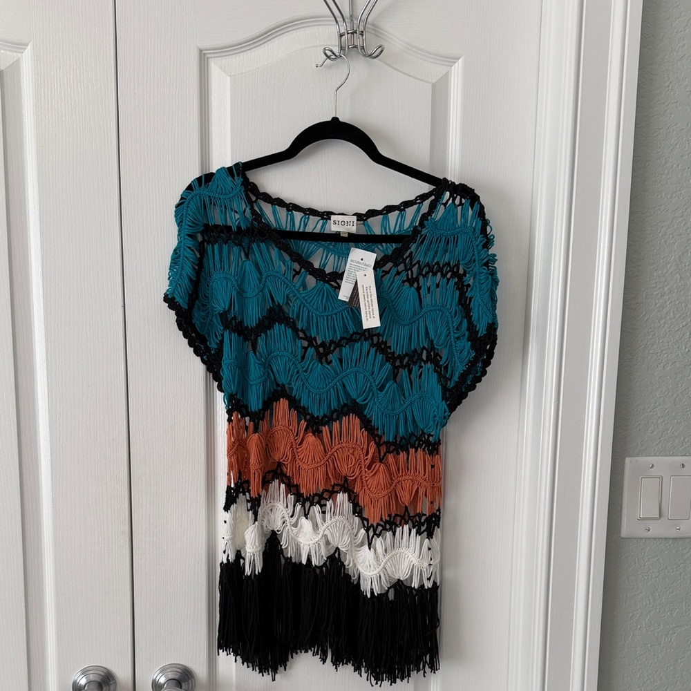 Sioni StudioTeal and Orange Crochet Fringe Blouse